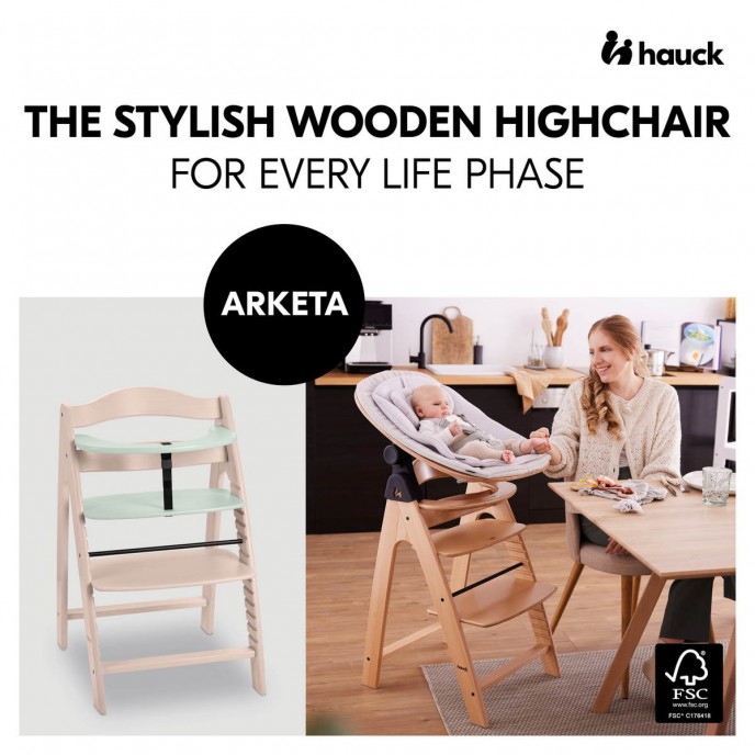 Hauck Arketa Wooden Highchair Beech White Washed and Mint (up to 130kg)