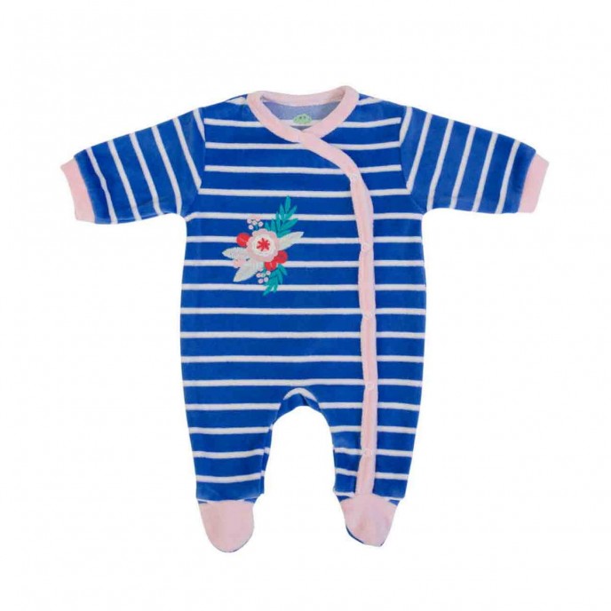 Babygrow Organic Velour Blue Striped Flower 0m