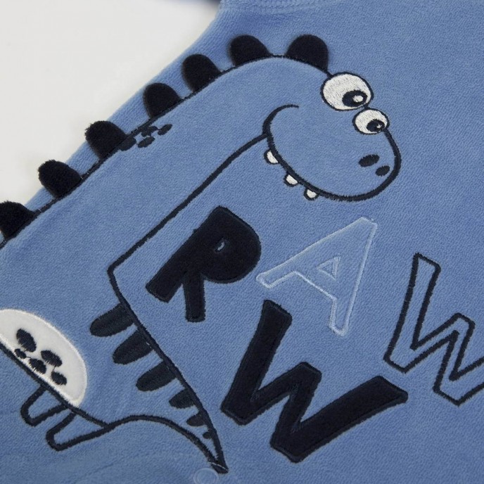 Babygrow Organic Velour Blue Dino Rawr 0m