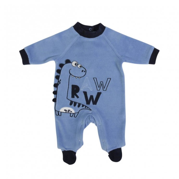 Babygrow Organic Velour Blue Dino Rawr 0m