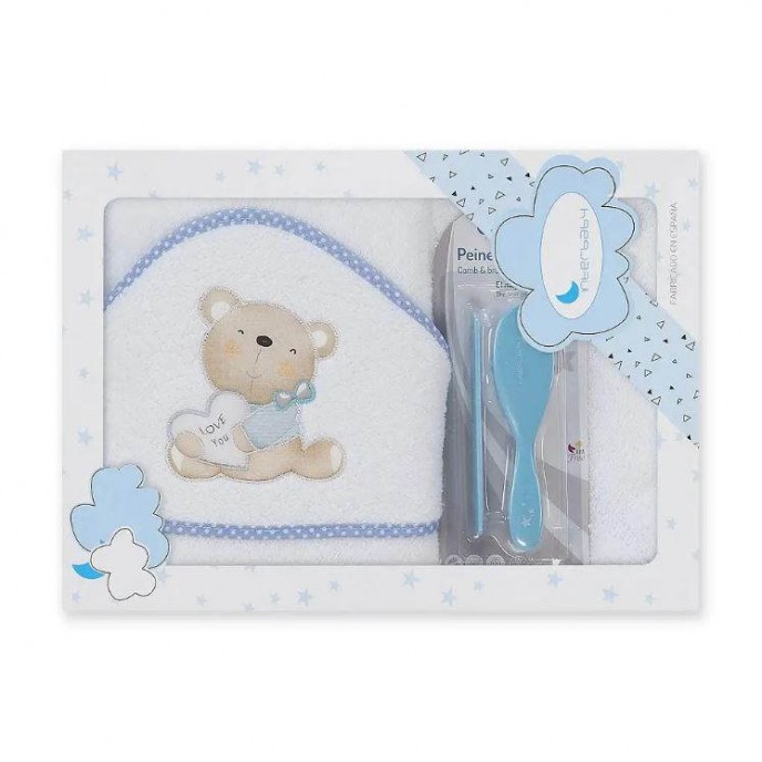 Interbaby Hooded Towel and Brush and Comb Set White/Blue