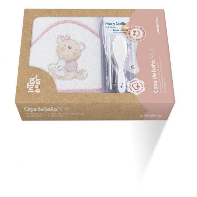 Interbaby Hooded Towel and Brush and Comb Set White/Pink