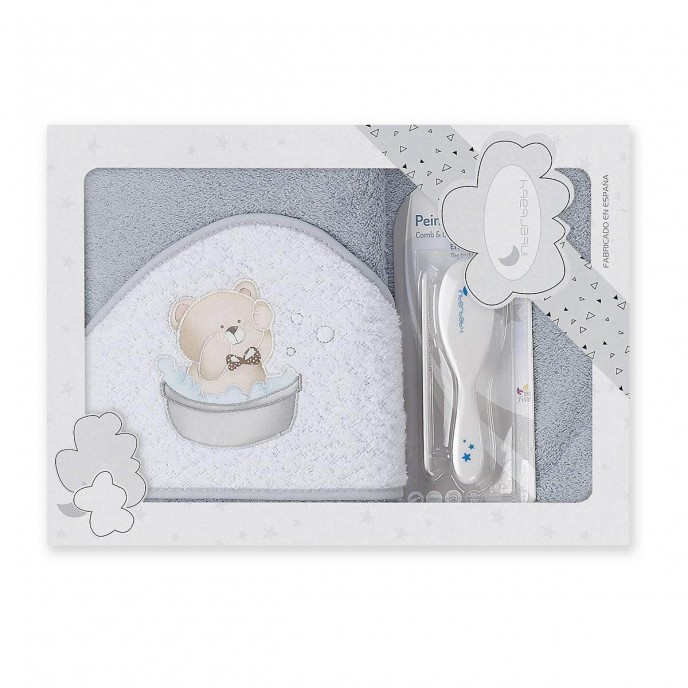 Interbaby Hooded Towel and Brush and Comb Set White/Grey