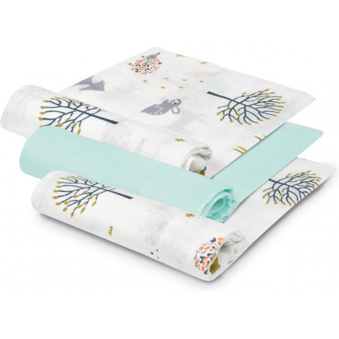 Interbaby Muslins 3pk Bamboo Fox Mint