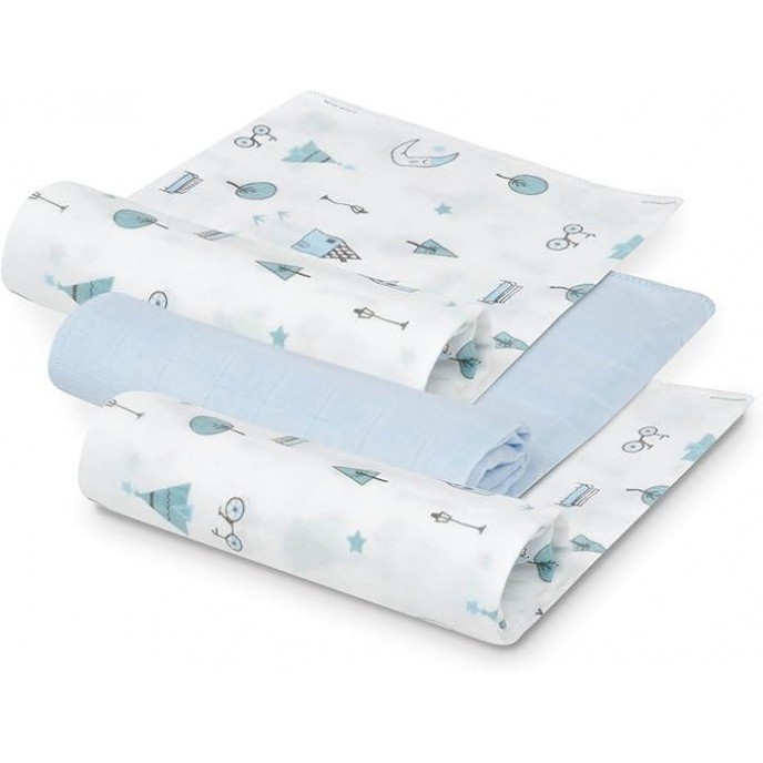 Interbaby Muslins 3pk Bamboo Moon Blue