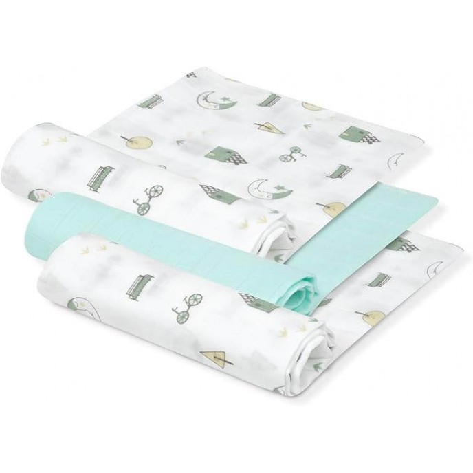 Interbaby Muslins 3pk Bamboo Moon Mint