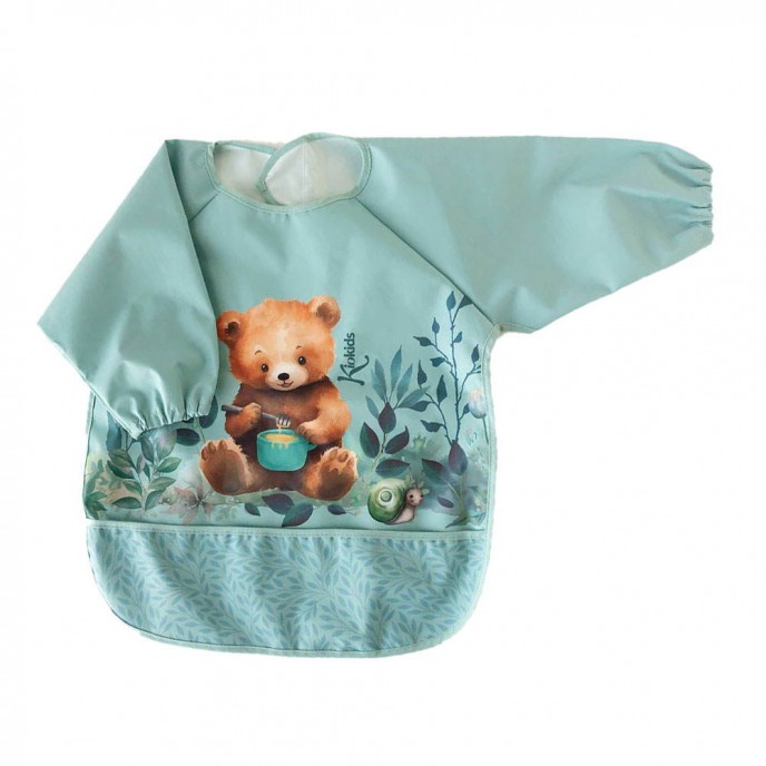 Kiokids Bib Long Sleeve Sage Bear