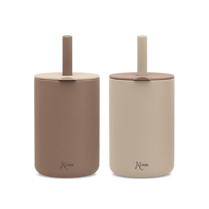 Kiokids Silicone Straw Cup 2pk Beige