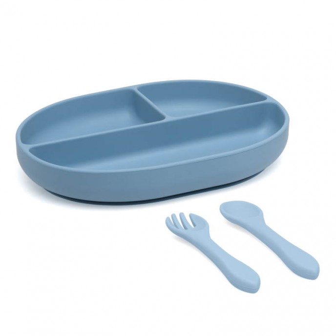 Kiokids Silicone Plate and Cutlery Set 3pc Blue