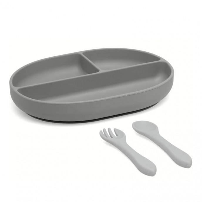 Kiokids Silicone Plate and Cutlery Set 3pc Grey