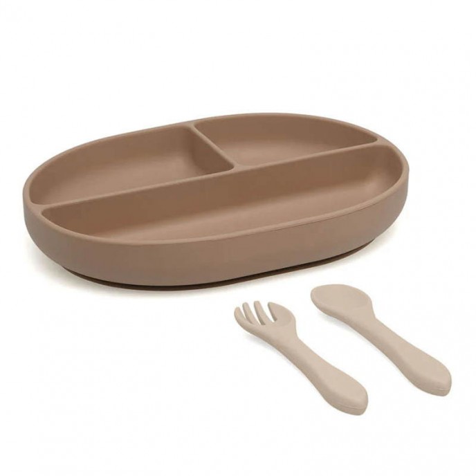 Kiokids Silicone Plate and Cutlery Set 3pc Beige